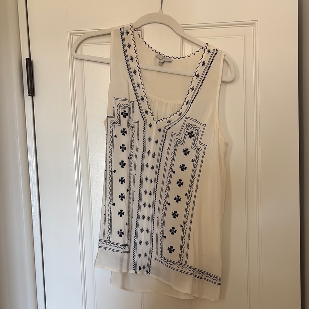 Joie White and Black Graphic Embellished Sleeveless Tank Top